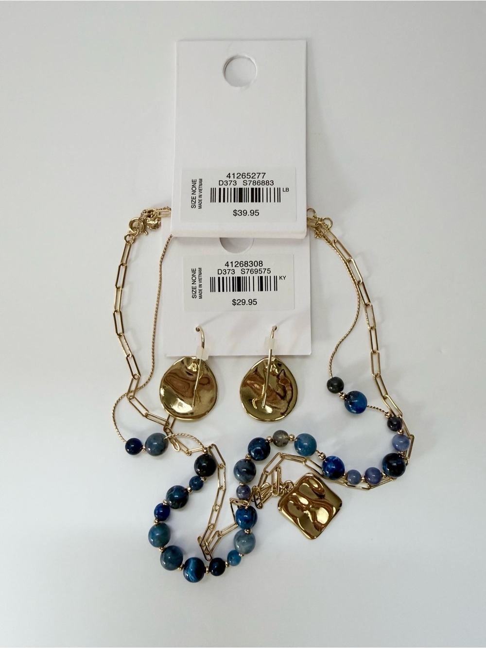 NWT LOFT SET Blue Beaded Hammered Necklace & Hammered Earrings - Picture 3 of 4